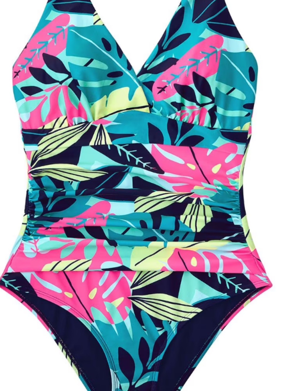 Women’s Tropical Leaf One-Piece Swimsuit in Teal & Pink